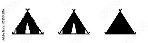 Camping Tents Progressing from Pixelated to Solid Silhouette on White Background