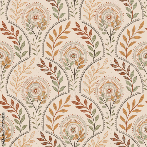 Boho geometric seamless pattern, hand-drawn lines, muted earthy tones, suitable for linen fabric.