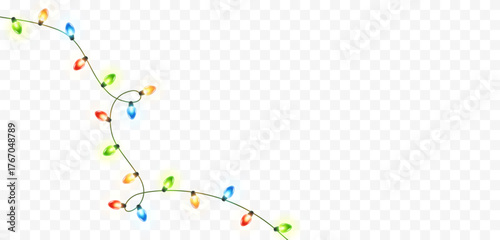 Lights bulbs for corner isolated on transparent background. Glowing fairy Christmas garland string. Vector New Year party led lamps decoration