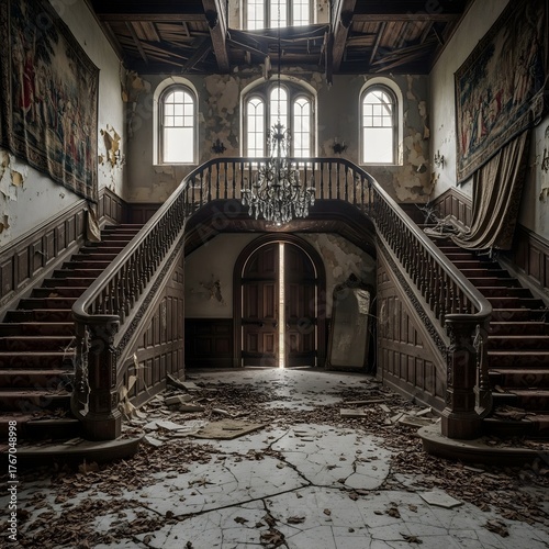 Explore the mystery inside an abandoned mansion with vintage charm, featuring a grand staircase and chandelier casting light, perfect for historical dramas or gothic horror settings