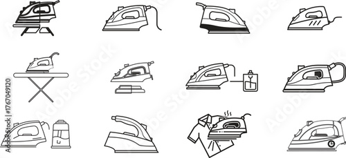 Collection of hand drawn illustrations of various electric irons and ironing boards in different poses