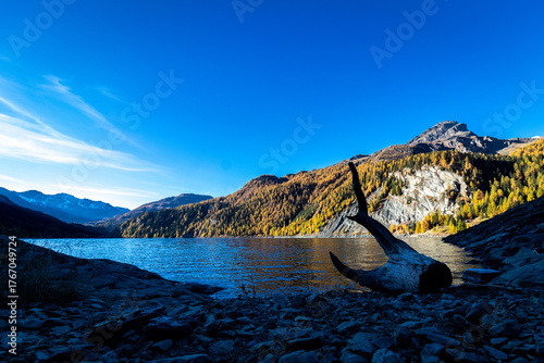 Marmorera Stausee im Herbst im Engadin in Graubünden in der Schweiz