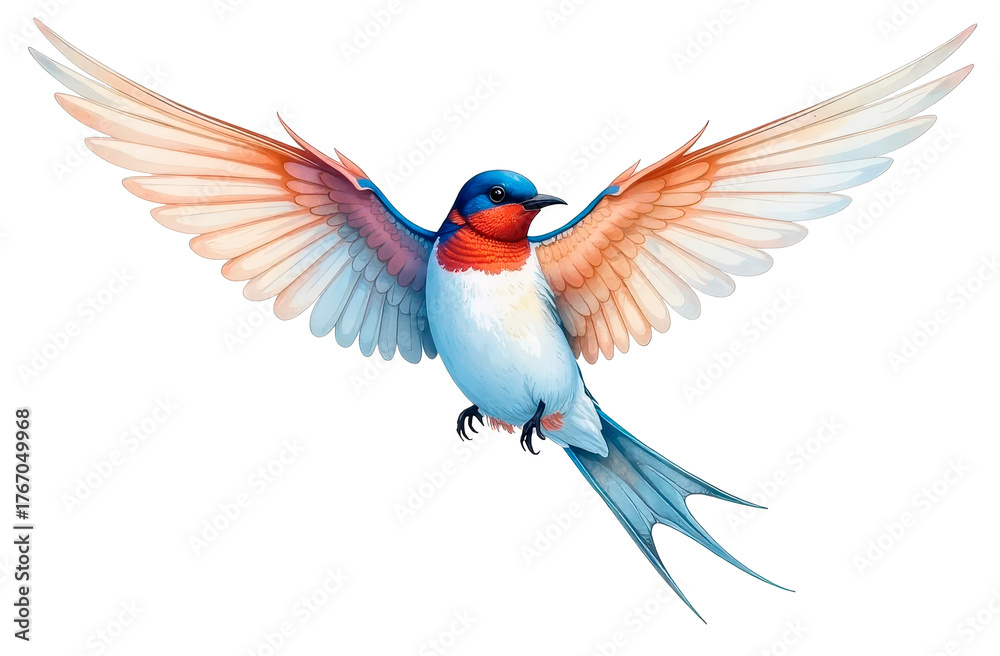 Fototapeta premium A watercolor illustration depicting the grace of a swallow in flight. The bright blue and white plumage of the bird is isolated on a white background, embodies grace and freedom.