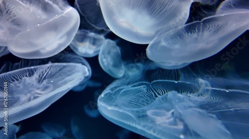 透明なくらげが群れで漂う幻想的な水中風景