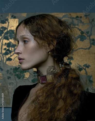 Elegant Woman in Ornate Fabric with Soft Light and Artistic Mood