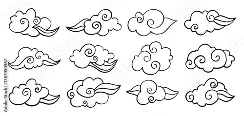 Asian Clouds Line Art Set. Decorative Chinese, Japanese, and Korean Cloud Icons with Swirls, Spirals, and Wing Shapes in Traditional Oriental Style for Design and Illustration Projects