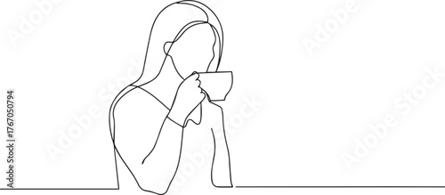 woman drinking coffee one continuous line art, Vector illustration, One line art, Line art graphic style