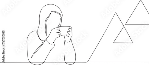 woman drinking coffee one continuous line art, Vector illustration, One line art, Line art graphic style