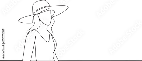 woman wearing hat one continuous line art, Vector illustration, One line art, Line art graphic style