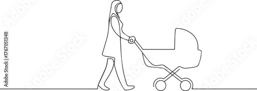 woman pushing baby stroller one continuous line art, Vector illustration, One line art, Line art graphic style