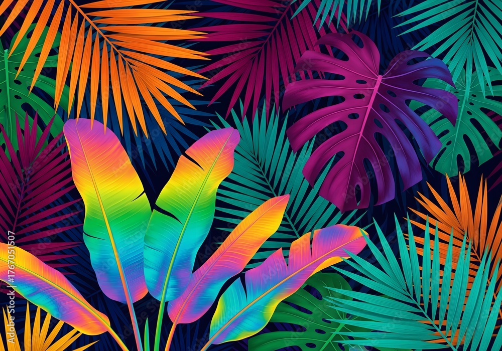 Naklejka premium Vibrant tropical leaves create a stunning colorful jungle backdrop perfect for summer designs and eye-catching social media graphics