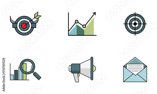 Business marketing growth strategy icons set featuring targets analytics megaphone magnifier envelope