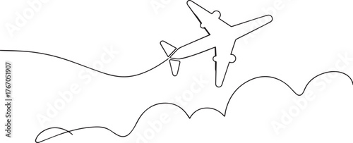 Airplane on clouds one continuous line art, Vector illustration, One line art, Line art graphic style