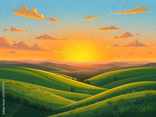sunset, meadow, landscape, vector, illustration, scenery, nature, field, grass, sky, horizon, sun, evening, clouds, rural, scenic, tranquil, peaceful, outdoor, natural, environment, pastoral, countrys