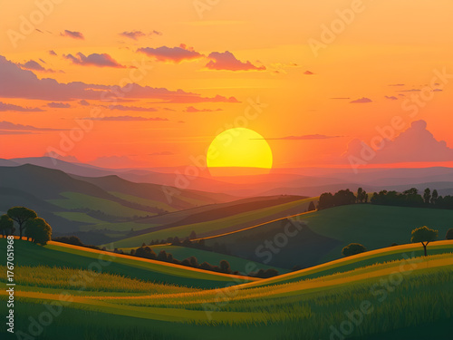 sunset, meadow, landscape, vector, illustration, scenery, nature, field, grass, sky, horizon, sun, evening, clouds, rural, scenic, tranquil, peaceful, outdoor, natural, environment, pastoral, countrys