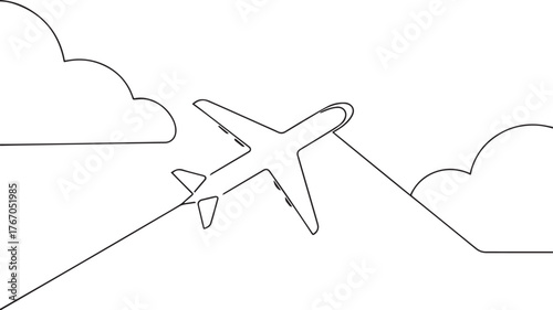 Airplane on clouds one continuous line art, Vector illustration, One line art, Line art graphic style