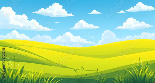 green, field, meadow, blue sky, clouds, background, vector, illustration, landscape, nature, scenery, grass, horizon, sunny, outdoor, tranquil, peaceful, natural, vibrant, summer, rural, countryside, 
