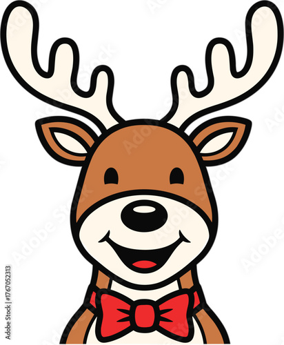 Charming cartoon reindeer with antlers and a festive red bow tie