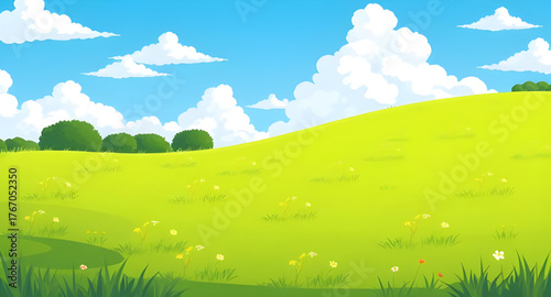 green, field, meadow, blue sky, clouds, background, vector, illustration, landscape, nature, scenery, grass, horizon, sunny, outdoor, tranquil, peaceful, natural, vibrant, summer, rural, countryside, 