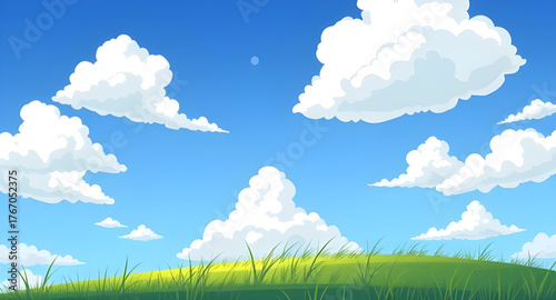 green, field, meadow, blue sky, clouds, background, vector, illustration, landscape, nature, scenery, grass, horizon, sunny, outdoor, tranquil, peaceful, natural, vibrant, summer, rural, countryside, 