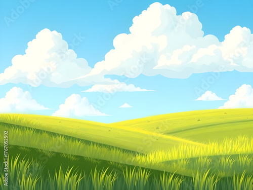 green, grass, blue, sky, meadow, vector, illustration, landscape, nature, field, horizon, sunny, outdoors, scenic, tranquil, peaceful, summer, rural, natural, vibrant, fresh, floral, wildflowers, coun
