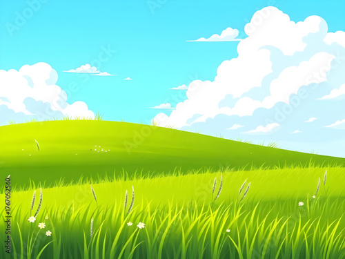 green, field, meadow, blue sky, clouds, background, vector, illustration, landscape, nature, scenery, grass, horizon, sunny, outdoor, tranquil, peaceful, natural, vibrant, summer, rural, countryside, 