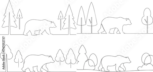 A group of Bear walking one continuous line art, Vector illustration, One line art, Line art graphic style