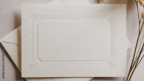 Elegant white invitation card with embossed frame and envelope on a neutral background