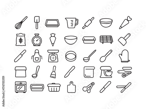 Baking and Kitchen Tools Line Icons Set - Mixer Measuring Oven and Chef set