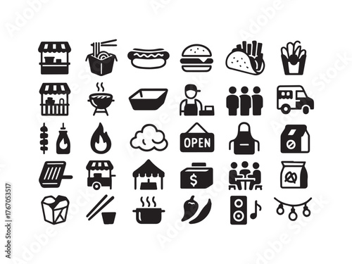 Fast Food and Street Stall Glyph Icons Set  Burger Taco BBQ  and Event Catering set