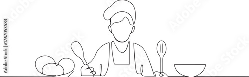 Chef cooking food one continuous line art, Vector illustration, One line art