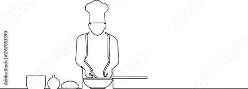 Chef cooking food one continuous line art, Vector illustration, One line art