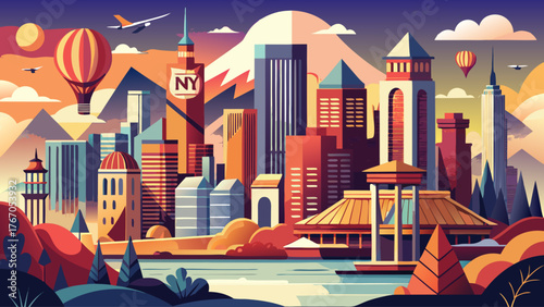 Very beautiful, New York City vector travel poster, cinematic minimal landscape art, featuring skyline silhouettes, iconic towers, modern architecture, sunset hues, and elegant cityscape illustration 
