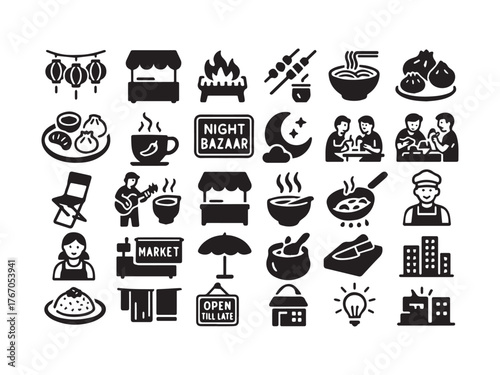 Asian Night Bazaar  Street Food Glyph Icons - Dumpling Noodle Lantern and Urban Market  Set