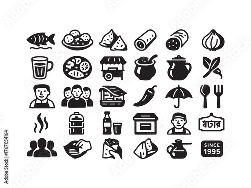 South Asian Street Food and Snacks Glyph Icons Set - Vendor Market and Traditional Cuisine Vector