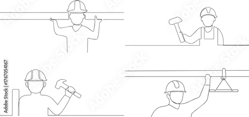 A group of  Construction worker one continuous line art, Vector illustration, One line art