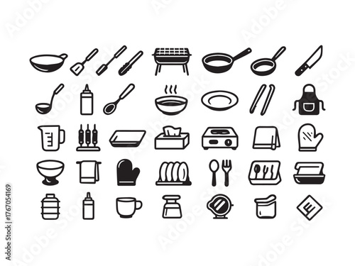 Kitchen Utensils Cooking Equipment and Chef Tools Glyph Icons - Food Preparation and Tableware Vector