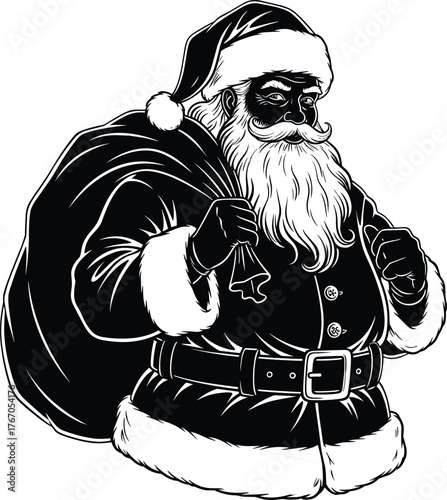 Classic black and white illustration of santa claus carrying a large sack of gifts