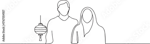 Couple holding lantern one continuous line art, Vector illustration, One line art