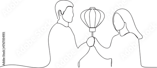 Couple holding lantern one continuous line art, Vector illustration, One line art