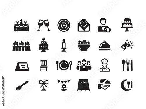 Wedding Party and Event Catering Glyph Icons Set - Fine Dining, Celebration and Hospitality Vector