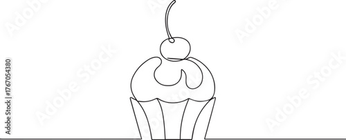 cupcake with cherry one continuous line art, Vector illustration, One line art, Line art graphic style