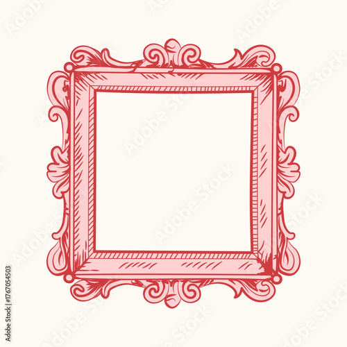 Elegant ornate vintage frame with floral swirls. Hand drawn decorative border illustration in red color, isolated on light background. Perfect for invitations, posters, cards.
