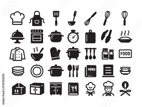 Professional Kitchen Cooking and Chef Glyph Icons Set - Utensils Restaurant Equipment and Food Vector
