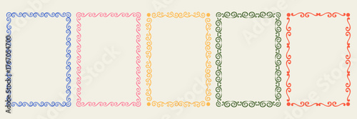Collection of colorful rectangular decorative frames with vintage curls. Hand drawn ornamental borders in various pastel colors for cards, invitations, posters.