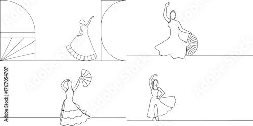 A group of  Flamenco dancer one continuous line art, Vector illustration, One line art, Line art graphic style