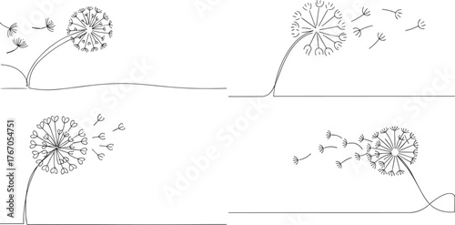 A group of  Dandelion seeds blowing in the wind one continuous line art, Vector illustration, One line art, Line art graphic style