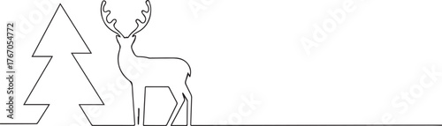 Deer with antlers tree one continuous line art, Vector illustration, One line art, Line art graphic style