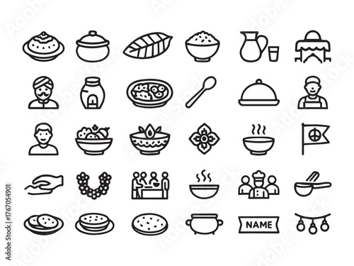 Traditional Indian Food Culture and Dining Glyph Icons - South Asian Cuisine and Hospitality Vector Set