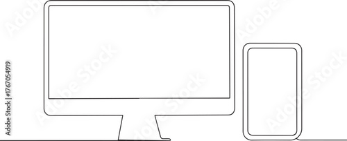 Desktop computer monitor one continuous line art, Vector illustration, One line art, Line art graphic style